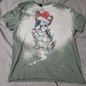 French Bulldog Santa Christmas Tree Light Tee Shirt Mens Size Large Green Tiedye